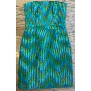 Beth Bowley Strapless Dress Blue Green Geometric Size 6 Retro 60s Style Chic